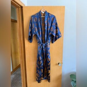 Blue Satin Kimono Robe | Gold Print | Boho Lounge Cover-Up